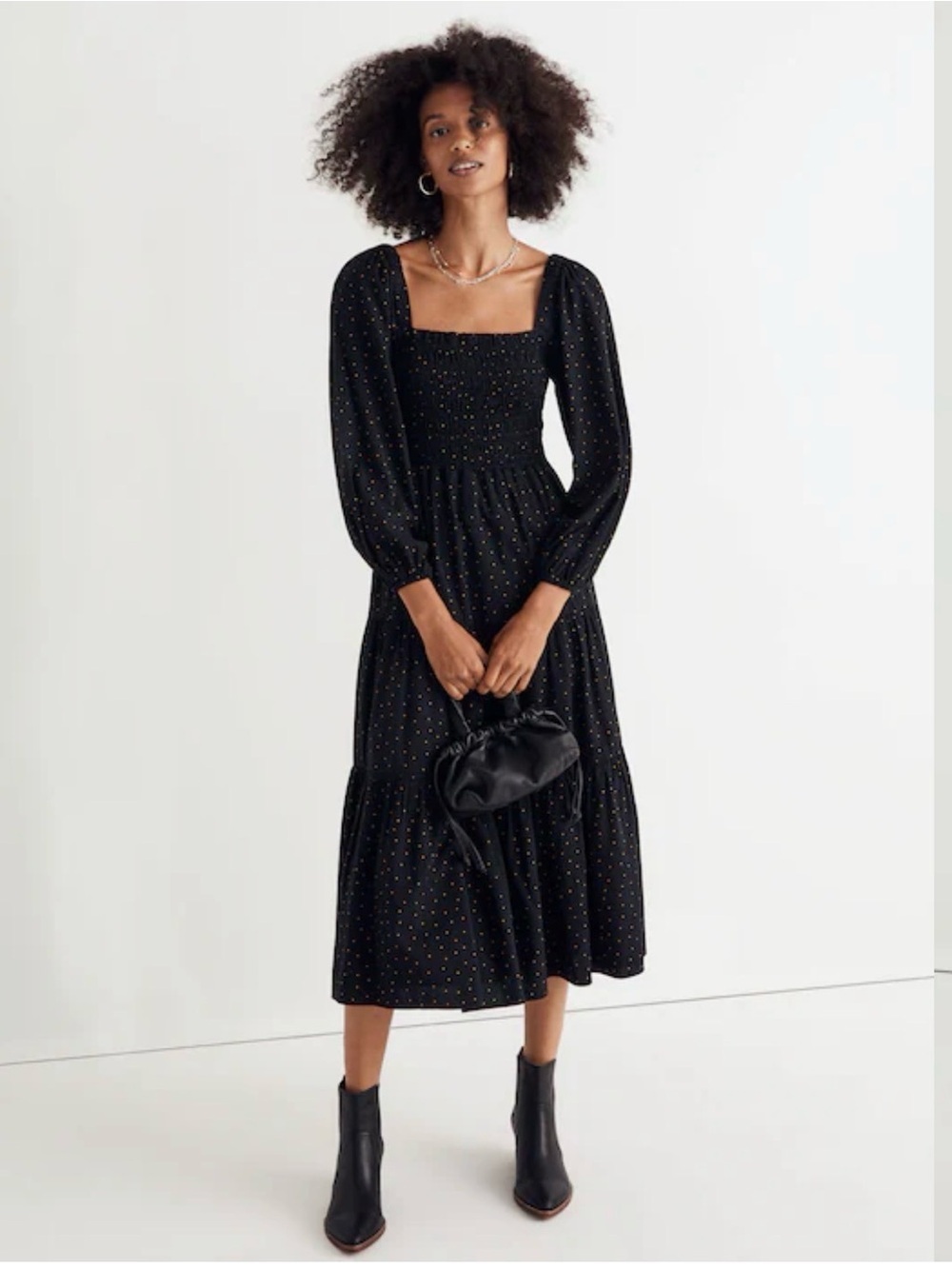 Madewell Smocked Square-Neck Midi Dress in Black with Dots